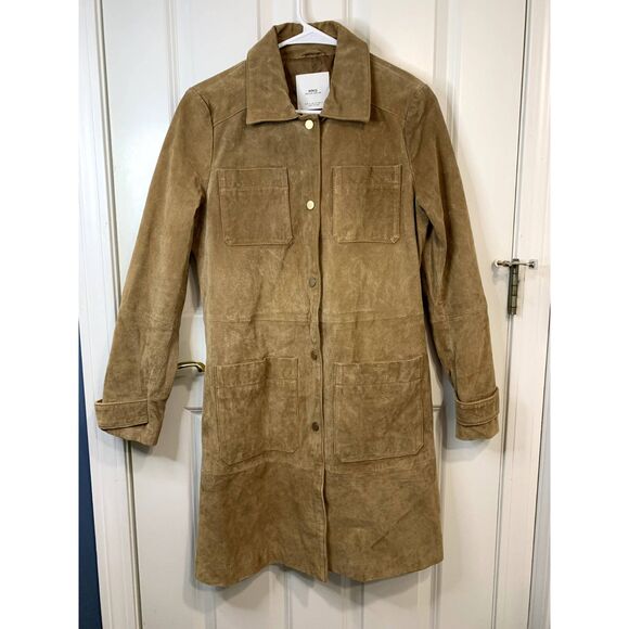 Mango Jackets & Blazers - MNG Genuine Pigskin Leather Suede Long Tan Jacket Coat Size S